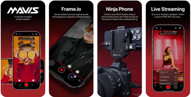 A promotional image for MAVIS mobile content creation shows four panels highlighting features: camera controls with a woman in sunglasses, Frame.io integration, DSLR connection for Ninja Phone, and live streaming setup screens.