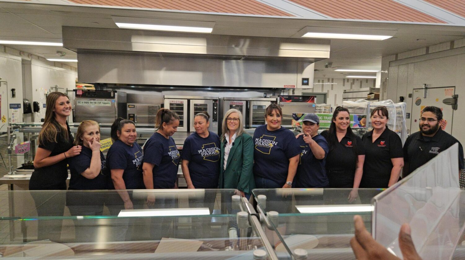 Governor Katie Hobbs visits Madison Park Middle School to highlight school lunch funding. (Shira Ta...