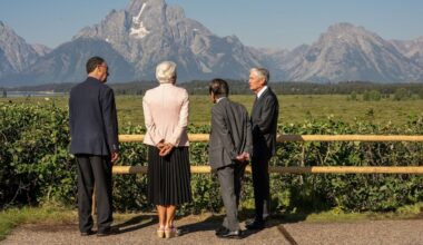 Fed Chair Jerome Powell (right) spoke last week with Bank of Japan Governor Kazuo Ueda, ECB President Christine Lagarde, and Bank of England Governor Andrew Bailey at the Jackson Hole Economic Policy Symposium in Wyoming.
