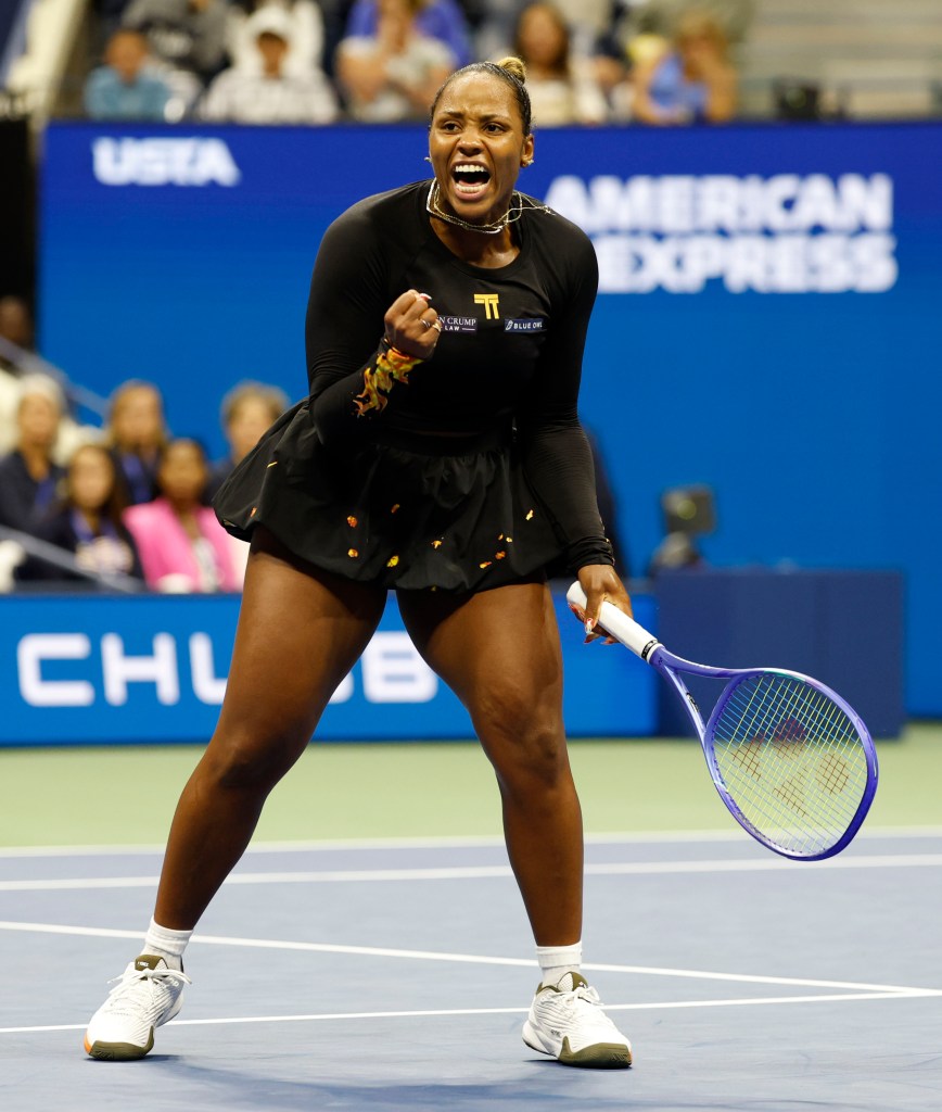 Taylor
Townsend of the US reacts during her match against Mirra Andreeva during night six of the US Open Tennis Championships at the USTA Billie Jean King National Tennis Center, Friday August 29, 2025 