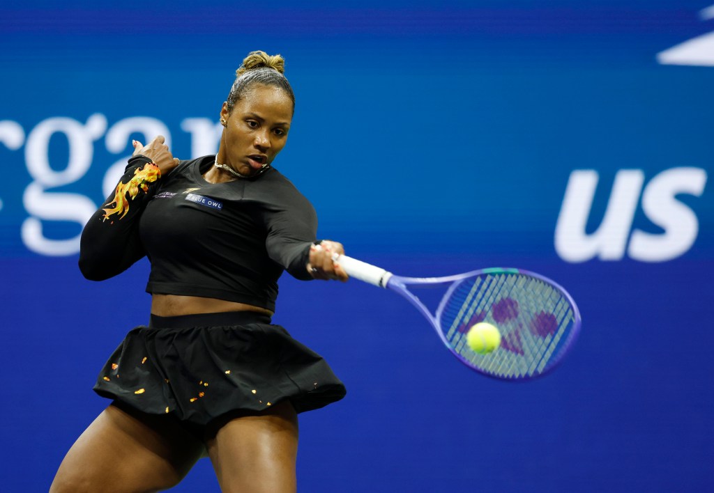 Taylor
Townsend of the US hits a return to Mirra Andreeva during night six of the US Open Tennis Championships at the USTA Billie Jean King National Tennis Center, Friday August 29, 2025