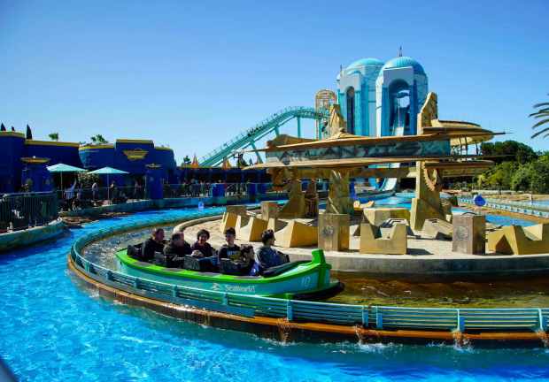 SeaWorld San Diego guests ride the Journey to Atlantis attraction during the park's 60th anniversary celebration on April 1, 2024 in San Diego, California. (Photo by Alejandro Tamayo, The San Diego Union-Tribune)