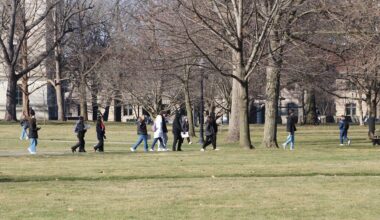 A group of high schoolers and their parents take a campus tour at The Ohio State University in Columbus, Ohio on Tuesday, Feb. 13, 2024.