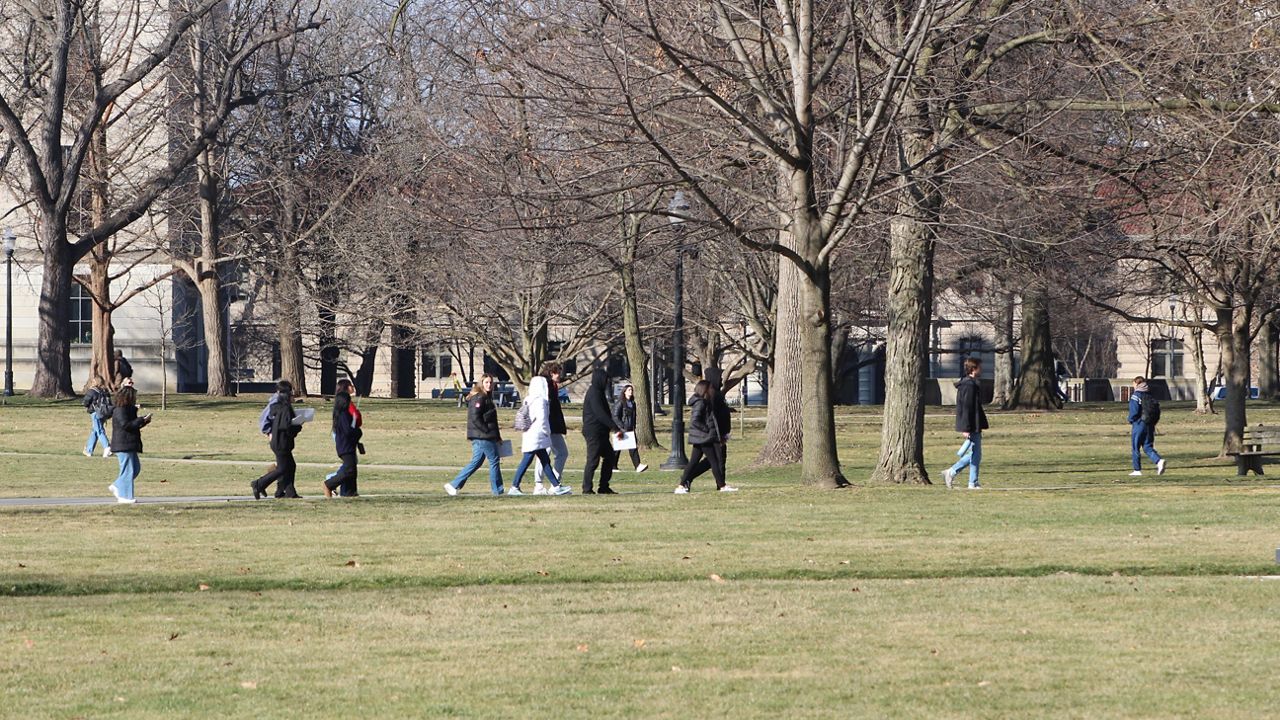 A group of high schoolers and their parents take a campus tour at The Ohio State University in Columbus, Ohio on Tuesday, Feb. 13, 2024.