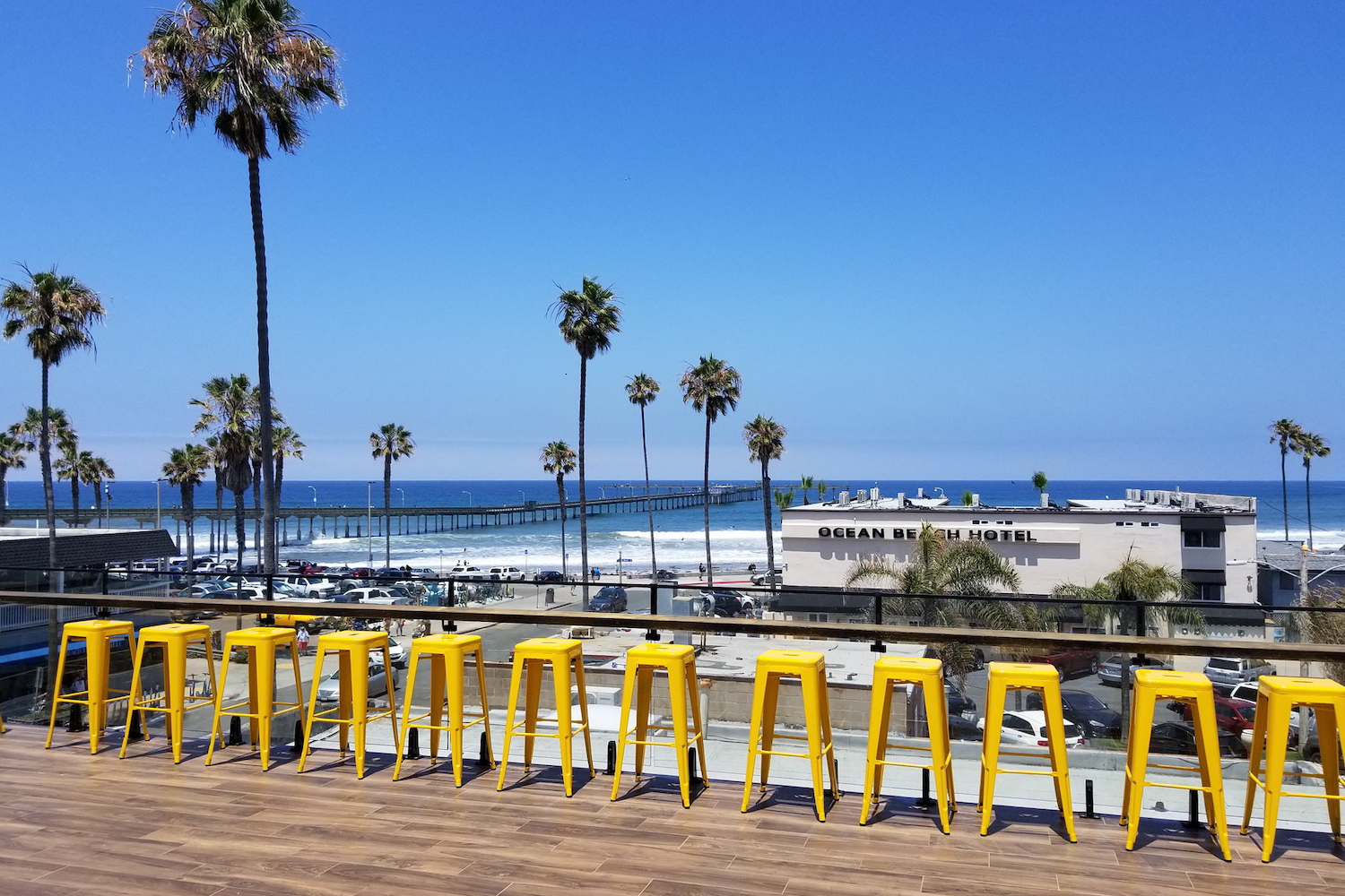View of the Ocean Beach pier from San Diego rooftop bar and restaurant The Holding Company