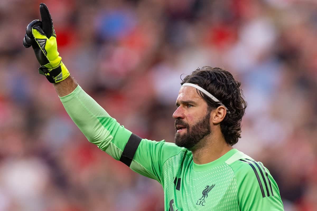 LIVERPOOL, ENGLAND - Friday, August 15, 2025: Liverpool's goalkeeper Alisson Becker during the FA Premier League match between Liverpool FC and AFC Bournemouth at Anfield. (Photo by David Rawcliffe/Propaganda)