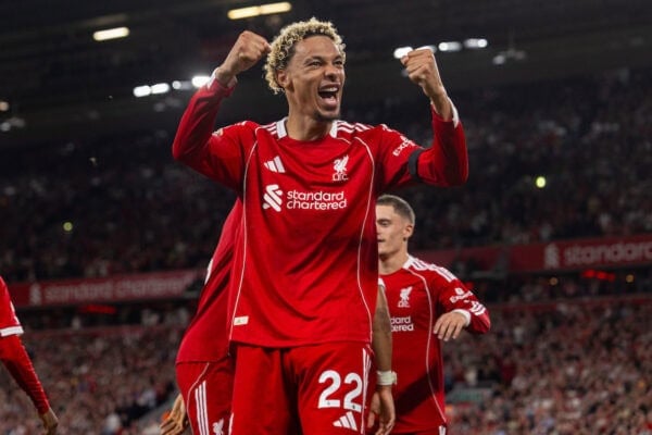 LIVERPOOL, ENGLAND - Friday, August 15, 2025: Liverpool's Hugo Ekitike celebrates his side scoring the second goal during the FA Premier League match between Liverpool FC and AFC Bournemouth at Anfield. (Photo by David Rawcliffe/Propaganda)