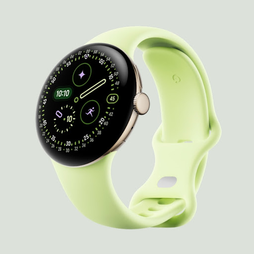 Pixel Watch 4 41mm with Champagne Gold Aluminum case and Lemongrass Active Band
