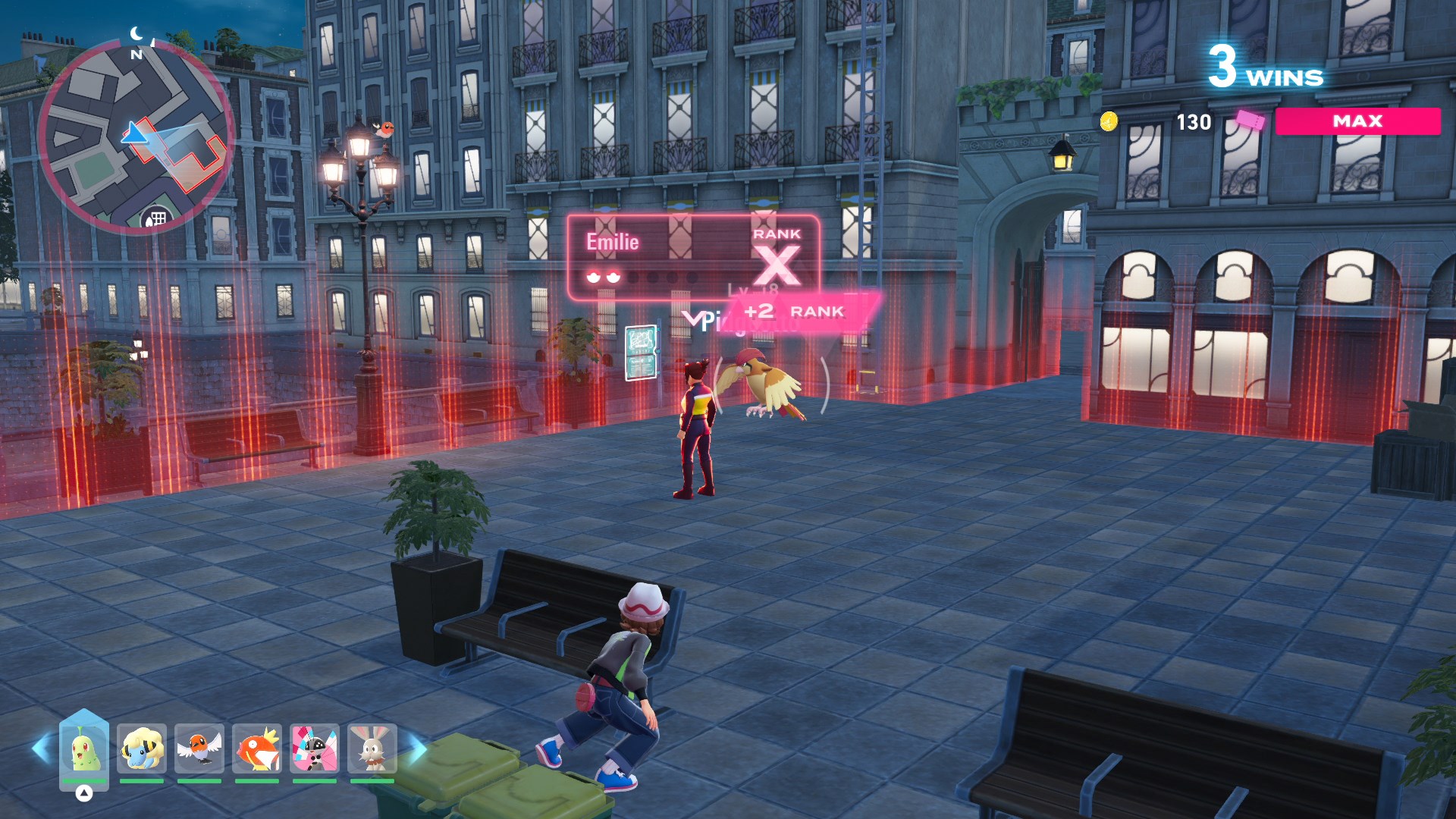 The player in Pokémon Legends: Z-A crouching to sneak up on an opponent for a battle. The opponent has a Pidgeotto. 