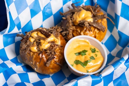 Brisket & Brew Stuffed Pretzels by Glen and Sherri Kusak are big enough to eat as a meal.