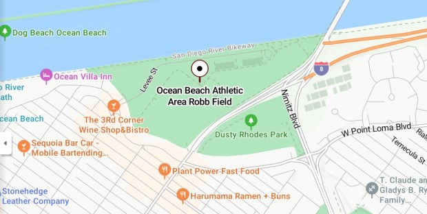 Plans are moving forward for upgrades at Robb Field and Dusty Rhodes Park in Ocean Beach. (Bing Maps and Point Loma-OB Monthly)