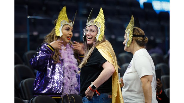 Golden State Valkyries fans dress like the female warriors the name represents as they cheer for their strong, bold and fierce Valkyries as they battle the Dallas Wings at the Chase Center in San Francisco on July 25, 2025. (Shae Hammond/Bay Area News Group)