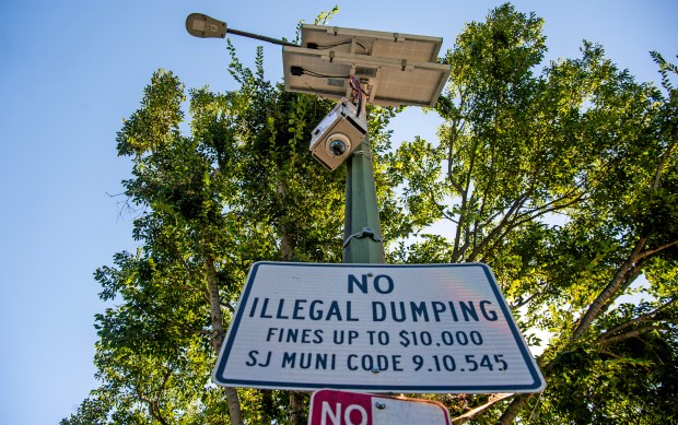 A surveillance camera atop an "No Illegal Dumping" sign on Cadillac Drive in San Jose, Calif., on Tuesday, Aug. 19, 2025. Stretches of San Jose streets have become dumping grounds for unwanted household items, including mattresses, stoves, and refrigerators. But after a concerted effort to crack down on blight, city officials believe they are making progress to curb residents from discarding their unwanted junk. (Doug Duran/Bay Area News Group)