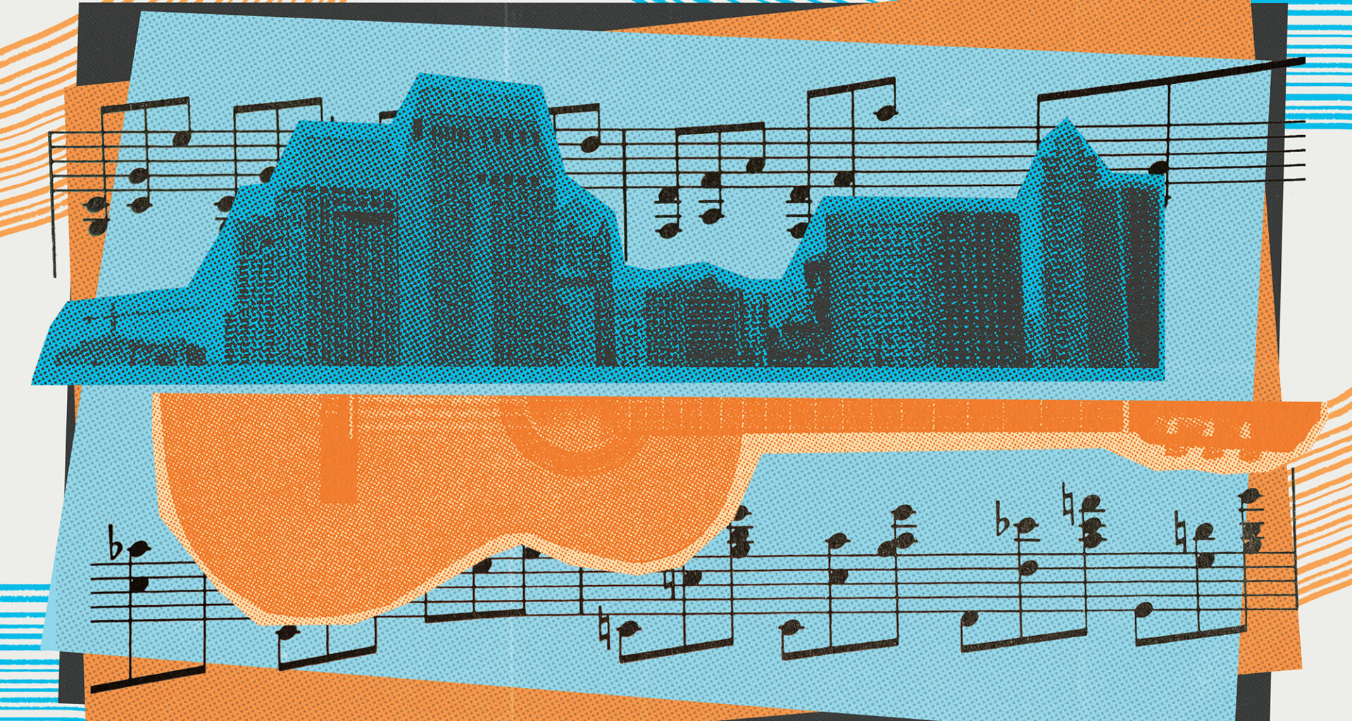 Illustration for Song of the Week, an image of a guitar and the downtown skyline above it