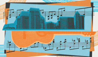 Illustration for Song of the Week, an image of a guitar and the downtown skyline above it