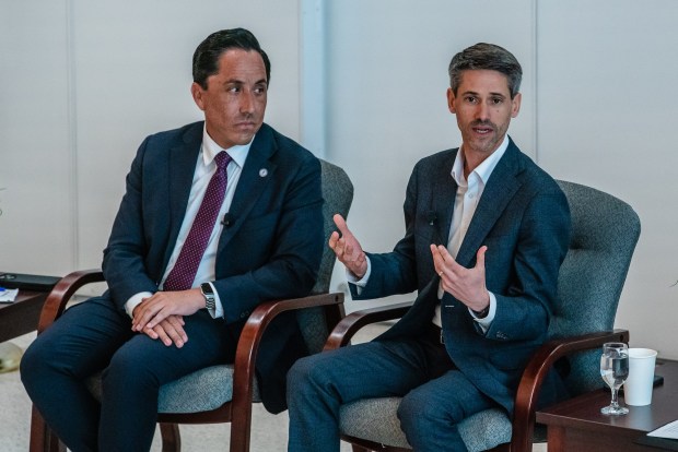 Mayor Todd Gloria (left) and San Jose Mayor Matt Mahan (right) speak during the "Housing Now: A Vision to Reach Functional Zero Unsheltered Homelessness" at the Senator Blakespear's 3rd Annual Ending Street Homelessness Summit on Aug. 13, 2025 at University of California San Diego in La Jolla, Calif. (Ariana Drehsler / For The San Diego Union-Tribune)