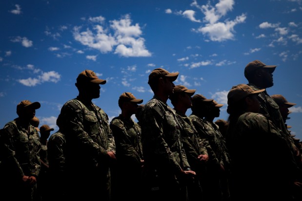 Sailors listen to Navy Secretary John Phelan speak the USS Somerset on Tuesday, Aug. 26, 2025 in National City. (Meg McLaughlin / The San Diego Union-Tribune)