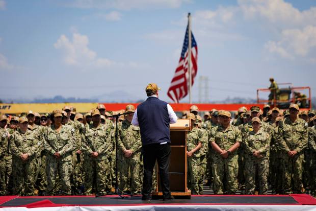 Navy Secretary John Phelan speaks to sailors on the USS Somerset on Tuesday, Aug. 26, 2025 in National City. (Meg McLaughlin / The San Diego Union-Tribune)