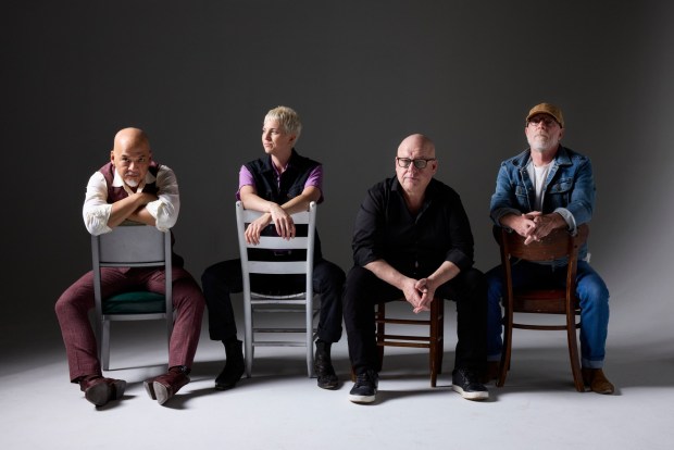 Left to right: guitarist Joey Santiago, bassist Emma Richardson, frontman Frank Black and drummer David Lovering. The Pixies will play Gallagher Square at Petco Park on Aug. 27. (Travis Shinn)