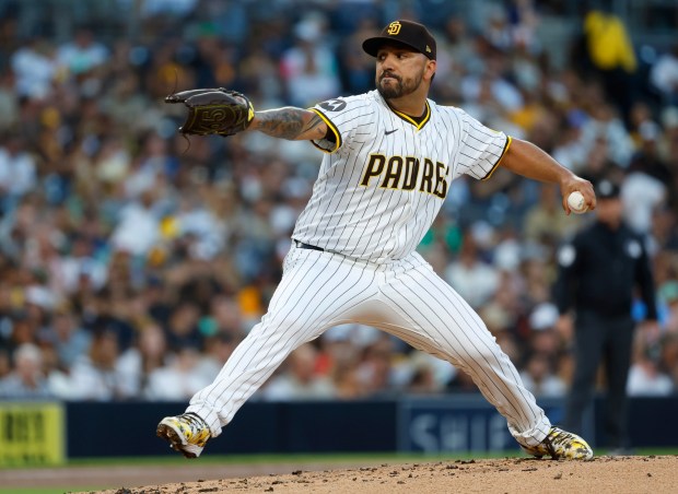 Nestor Cortes #65 of the San Diego Padres pitches against the San Francisco Giants at Petco Park on Aug. 18, 2025 in San Diego, California. (K.C. Alfred / The San Diego Union-Tribune)