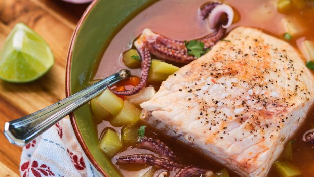 Xalapa-Style Seafood Soup, with recipe by chef Juan Pablo Sánchez, stems from regional cuisine in the Mexican state of Veracruz. From "San Diego Seafood Then & Now." (Chris Rov Costa / Sunbelt Publications)