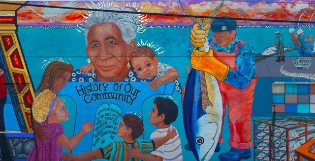Historical photo - mural, for Food story on San Diego Seafood cookbook. (Neva Sullaway)