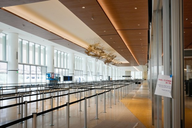 The TSA entry point for passengers to clear security before continuing to their airline gate. Construction is ongoing at the new Terminal 1 of San Diego International Airport on Tuesday, Aug. 26, 2025, in San Diego, California.  (Nelvin C. Cepeda / The San Diego Union-Tribune)