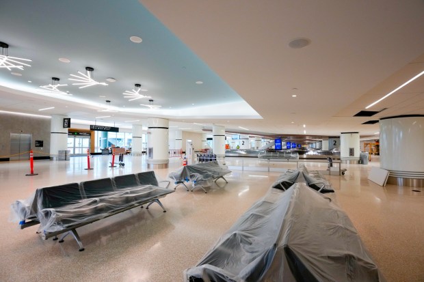 The baggage terminal at Terminal 1. Construction is ongoing at the new Terminal 1 of San Diego International Airport on Tuesday, Aug. 26, 2025, in San Diego, California.  (Nelvin C. Cepeda / The San Diego Union-Tribune)
