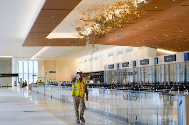 The TSA entry point for passengers to clear security before continuing to their airline gate. Construction is ongoing at the new Terminal 1 of San Diego International Airport on Tuesday, Aug. 26, 2025, in San Diego, California.  (Nelvin C. Cepeda / The San Diego Union-Tribune)