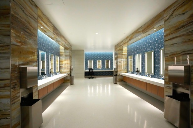 The men's restroom in the new Terminal 1. Construction is ongoing at the new Terminal 1 of San Diego International Airport on Tuesday, Aug. 26, 2025, in San Diego, California.  (Nelvin C. Cepeda / The San Diego Union-Tribune)