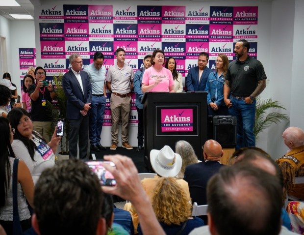 Flanked by local political, tribal, and union leaders, California gubernatorial candidate Toni Atkins (D), delivers remarks during the official opening of her campaign headquarters in Middletown, Saturday Aug. 9, 2025. She's a former member of the San Diego City Council, former California State Assembly Speaker and State Senate pro Tem. (Howard Lipin / For The San Diego Union-Tribune)