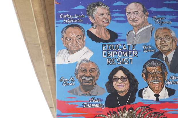 A Chicano Park mural depicting seven well-respected Latinos, including Sam M. Duran, on Wednesday, Aug. 20, 2025. (Michael Ho / For The San Diego Union-Tribune)