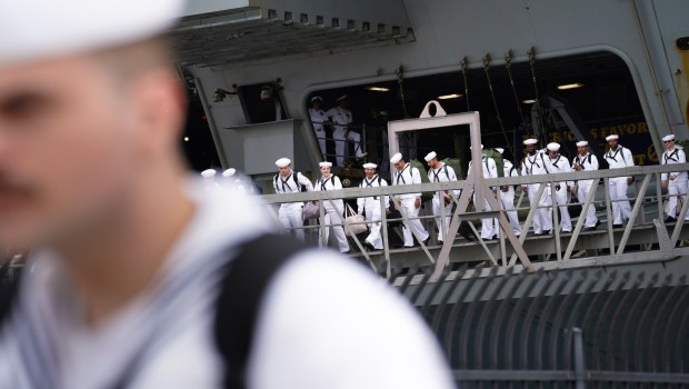 Sailors disembark from the USS Carl Vinson after returning from deployment to their homeport at Naval Air Station North Island on Thursday, Aug. 14, 2025, in Coronado, California.   (Nelvin C. Cepeda / The San Diego Union-Tribune)