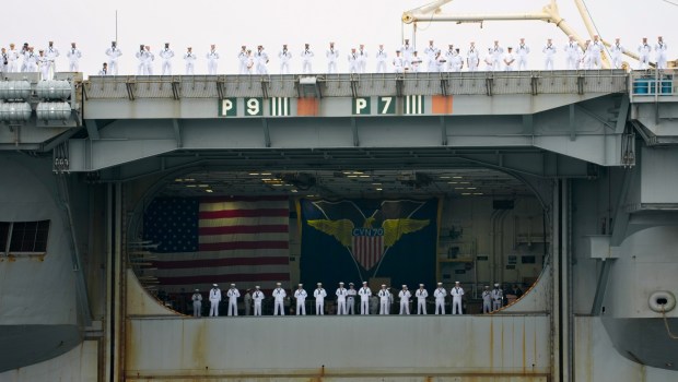 Sailors man the rails as the Carl Vinson pulls into San Diego Bay. Sailors on board the USS Carl Vinson returned from deployment to their homeport at Naval Air Station North Island on Thursday, Aug. 14, 2025, in Coronado, CA. (Nelvin C. Cepeda / The San Diego Union-Tribune)