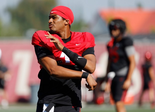 San Diego State's Jayden Denegal passes during a practice on Aug. 5, 2025 in San Diego, California. (K.C. Alfred / The San Diego Union-Tribune)