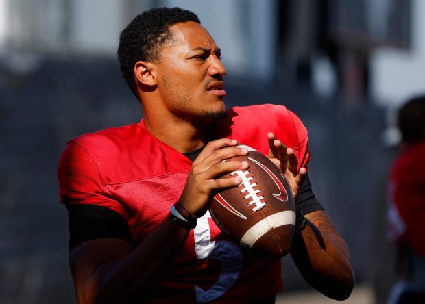 San Diego State's Bert Emanuel Jr. passes during a practice on Aug. 5, 2025 in San Diego, California. (K.C. Alfred / The San Diego Union-Tribune)
