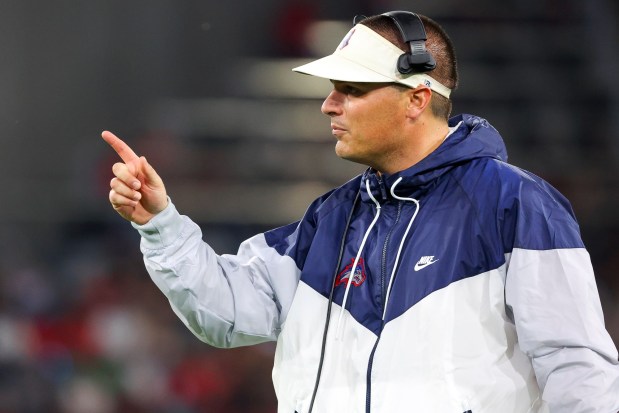 Head coach Billy Cosh of the Stony Brook Seawolves gestures during the first half against the San Diego State Aztecs at Snapdragon Stadium on Thursday, Aug. 28, 2025 in San Diego, CA. (Meg McLaughlin / The San Diego Union-Tribune)