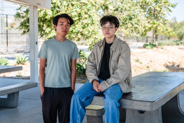 Kevin Wang (left), and Litong Tian (right), at Pacific Highlands Ranch Park in Carmel Valley on Aug. 5, 2025. (Ariana Drehsler / For The San Diego Union-Tribune)