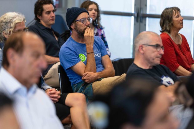 Audience members watch a screening of the fourth episode of "Human Footprint" on Wednesday, July 30, 2025. (Zoë Meyers / For The San Diego Union-Tribune)
