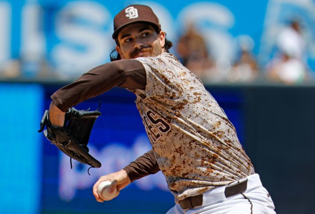Dylan Cease #84 of the San Diego Padres pitches against the Boston Red Sox at Petco Park on Aug. 10, 2025 in San Diego, CA. (K.C. Alfred / The San Diego Union-Tribune)
