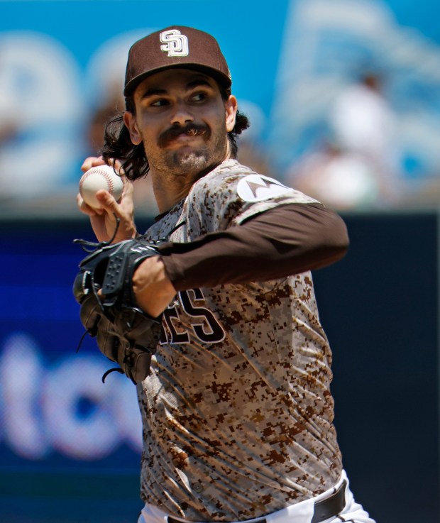 Dylan Cease #84 of the San Diego Padres pitches against the Boston Red Sox at Petco Park on Aug. 10, 2025 in San Diego, CA. (K.C. Alfred / The San Diego Union-Tribune)