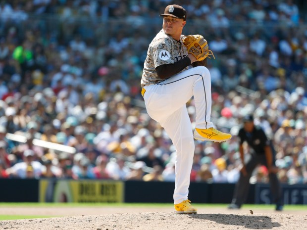 Adrian Morejon #50 of the San Diego Padres pitches in the sixth inning against the Boston Red Sox at Petco Park on Aug. 10, 2025 in San Diego, CA. (K.C. Alfred / The San Diego Union-Tribune)