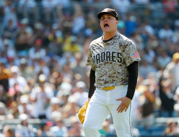 Adrian Morejon #50 of the San Diego Padres walks off the mound after pitching in the sixth inning against the Boston Red Sox at Petco Park on Aug. 10, 2025 in San Diego, CA. (K.C. Alfred / The San Diego Union-Tribune)