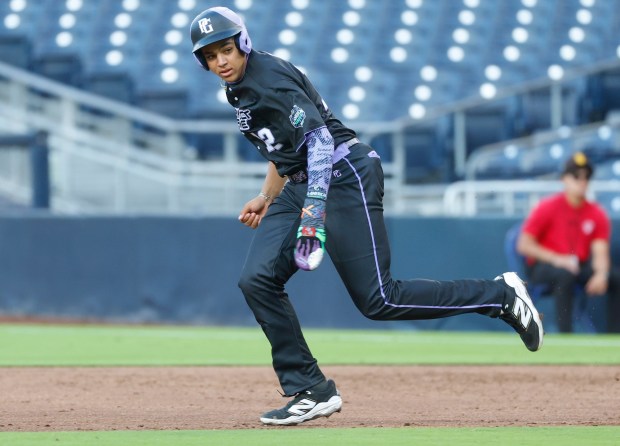 AJ Curry of the West team runs to second base during the DICK'S Sporting Goods Perfect Game All-American Classic at Petco Park on Aug. 17, 2025 in San Diego, CA. (K.C. Alfred / The San Diego Union-Tribune)