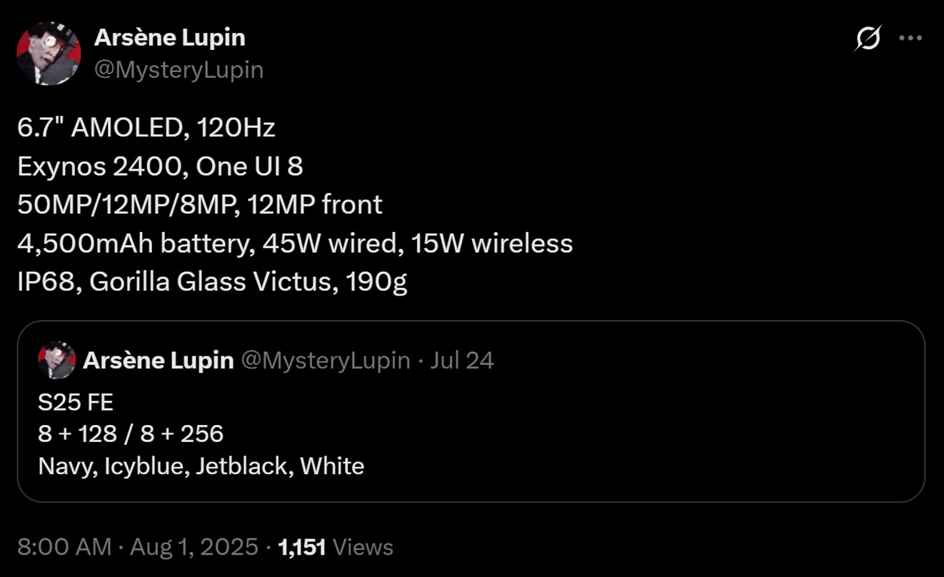 Samsung Galaxy S25 FE Specs Leak Arsene Lupin X