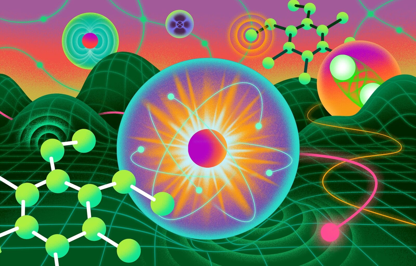 An illustration of various topics in quantum physics like particles and waves
