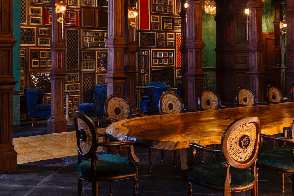 Image shows the interior of the Michelin-starred Musaafer restaurant in Houston.