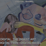 A website screenshot with the phrase 'ART BASEL GOES DIGITAL THE BIGGEST ART FAIR NOW HAS A DIGITAL TWIN - DIGITAL BASEL,' 'the words 'BASEL SWITZERLAND,' and a Swiss flag atop a painting of various figures at a table.