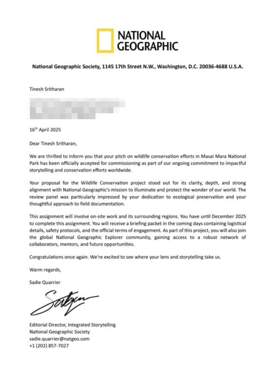 Letter from National Geographic Society, with logo and header, addressed to Dinesh Sritharan. The letter congratulates him for a successful wildlife conservation pitch and confirms official acceptance, signed by Sadie Quarter.