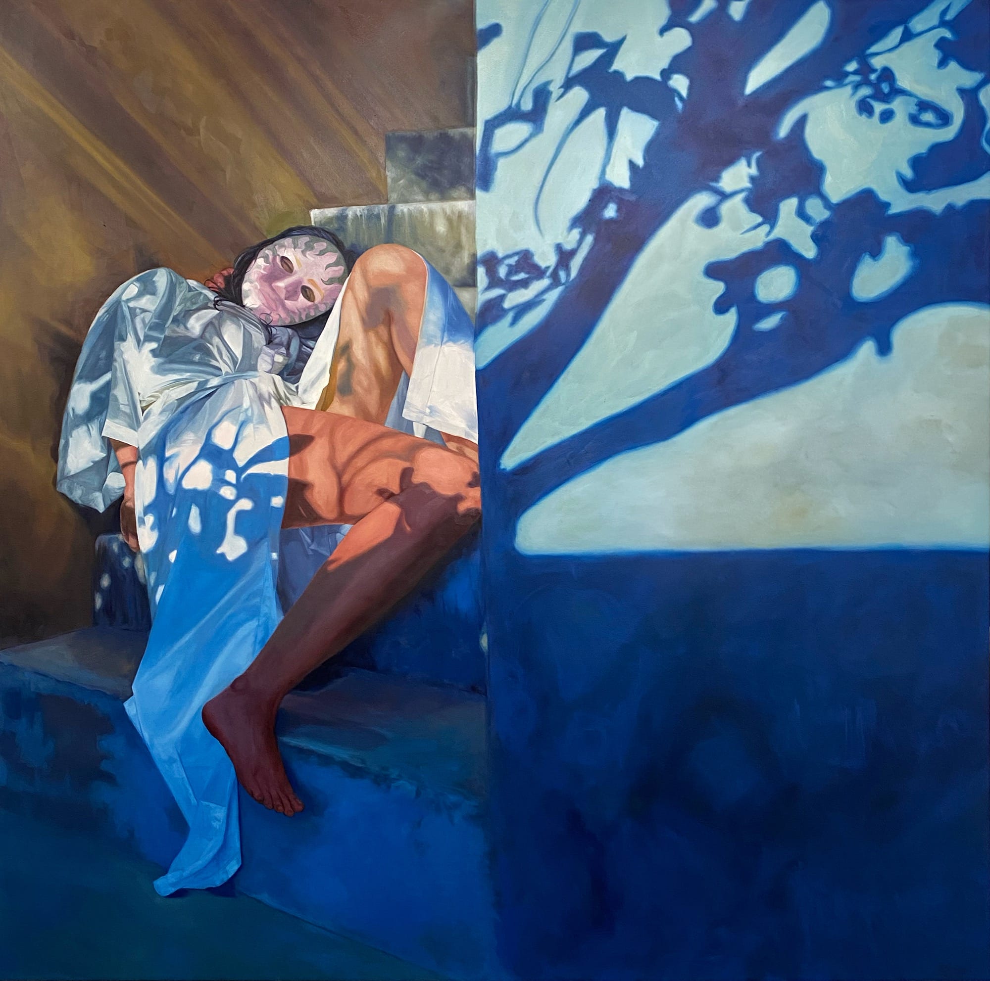a lounging woman in a robe and a mask with a tree shadow
